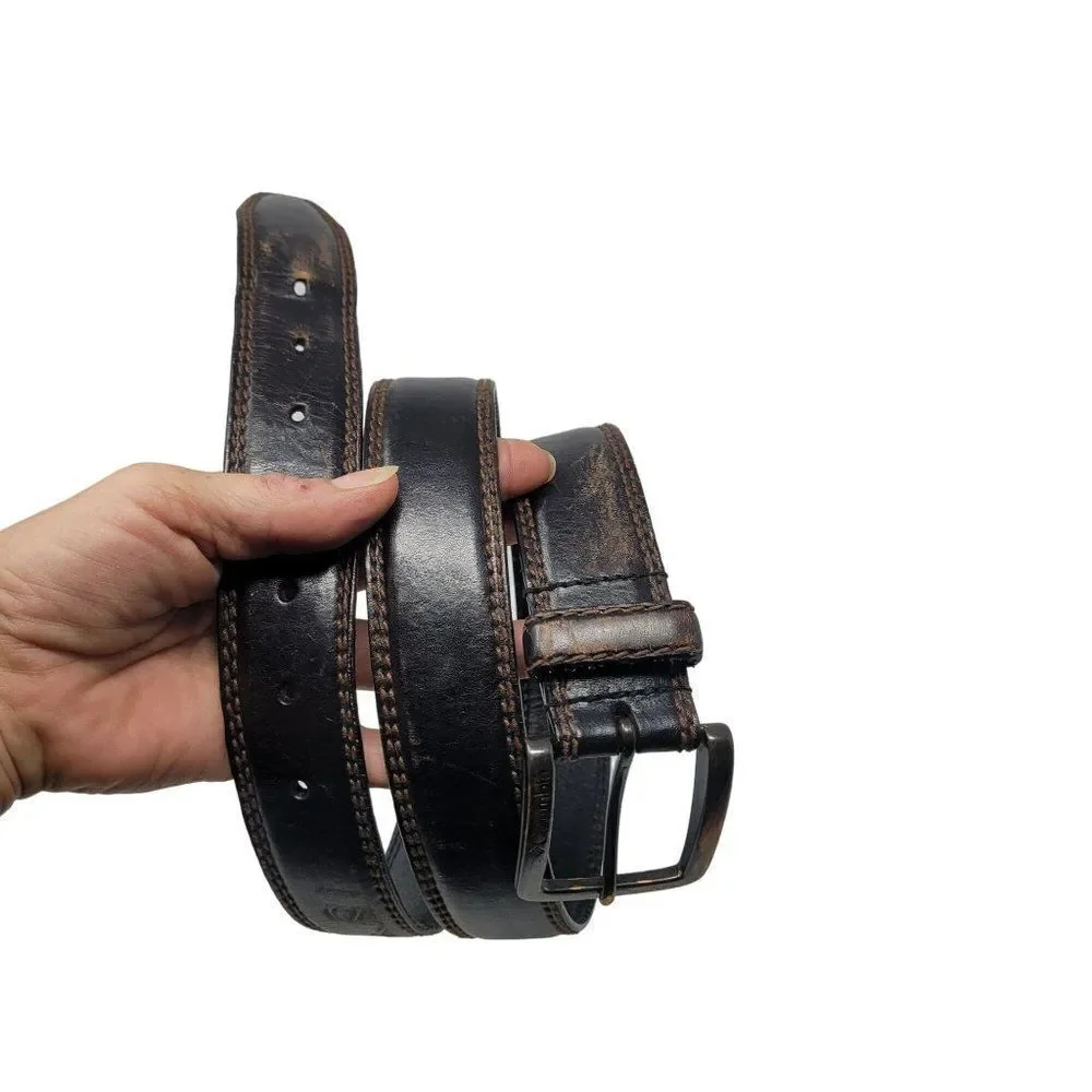 Columbia Black Genuine Leather Bronze Distressed Belt XL‎ Contrast Stitching